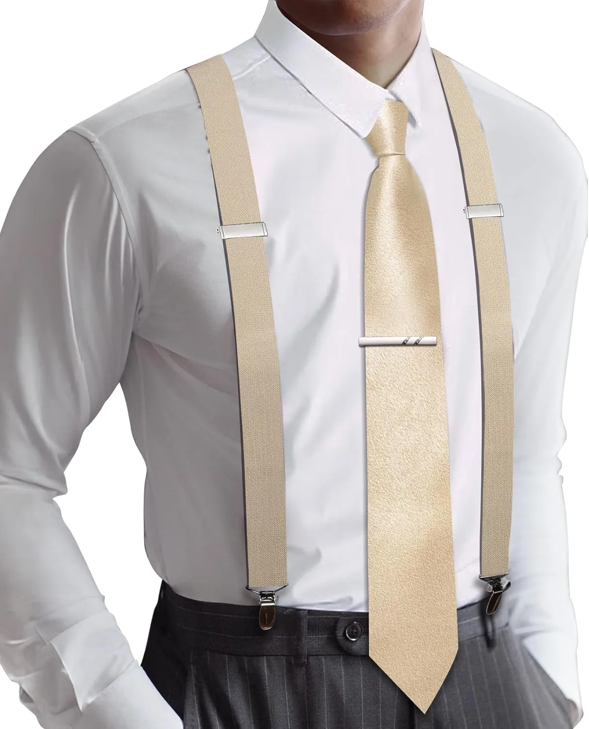 Barry.Wang Solid Suspenders and Silk Tie Sets for Men Adjustable X-Back 6 Clips Wedding Necktie Pocket Square Tie Clip 4PCS
