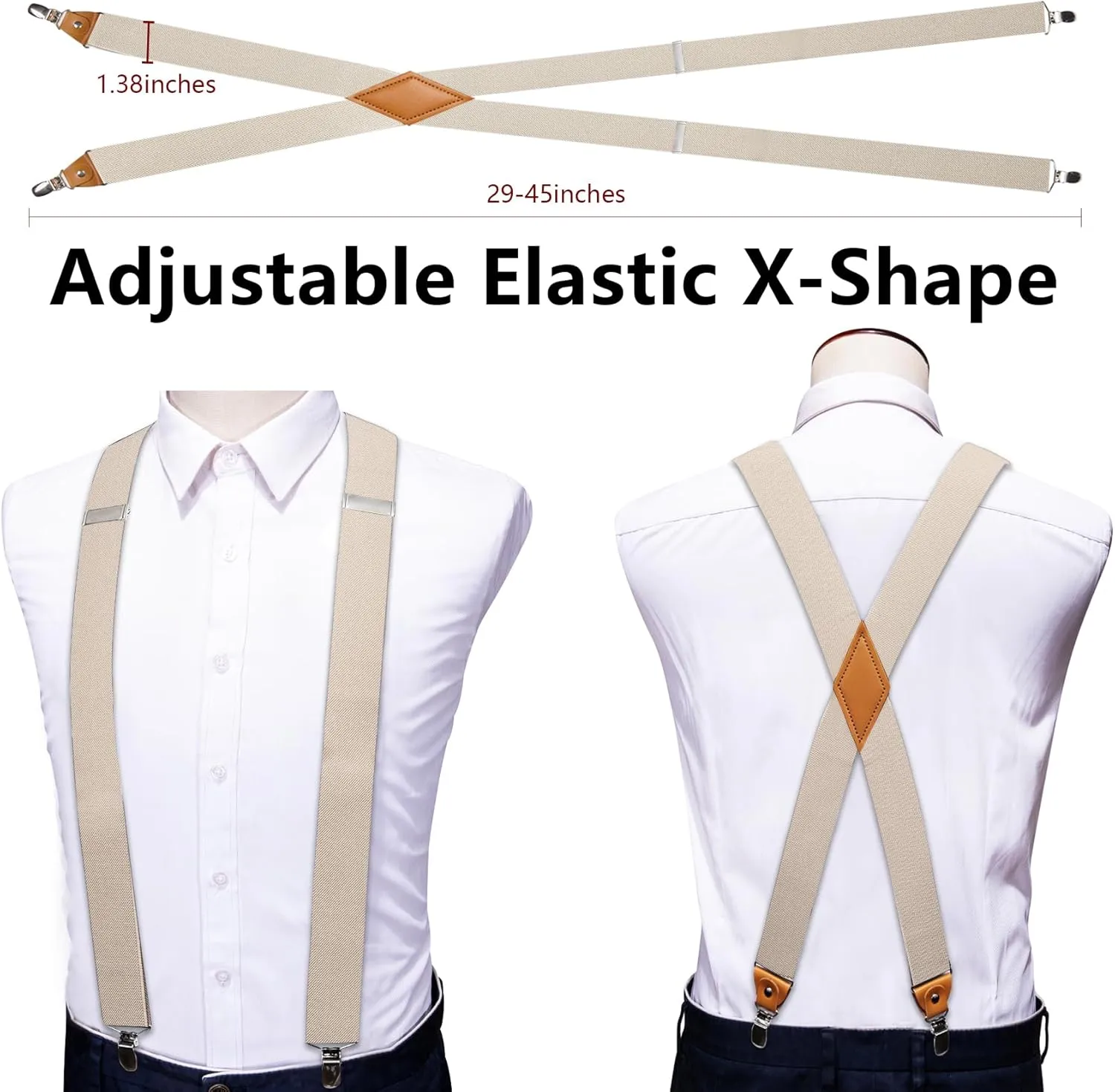 Barry.Wang Solid Suspenders and Silk Tie Sets for Men Adjustable X-Back 6 Clips Wedding Necktie Pocket Square Tie Clip 4PCS