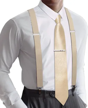 Barry.Wang Solid Suspenders and Silk Tie Sets for Men Adjustable X-Back 6 Clips Wedding Necktie Pocket Square Tie Clip 4PCS