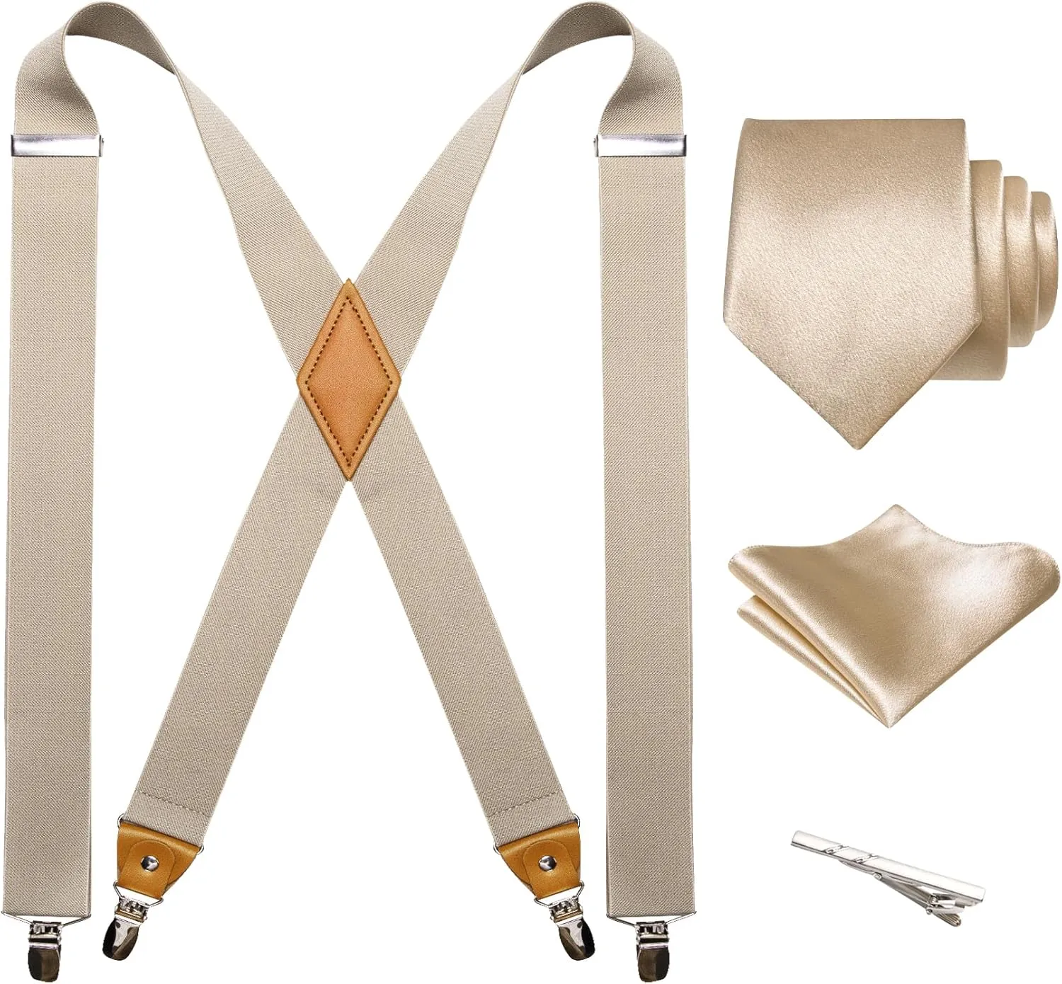 Barry.Wang Solid Suspenders and Silk Tie Sets for Men Adjustable X-Back 6 Clips Wedding Necktie Pocket Square Tie Clip 4PCS