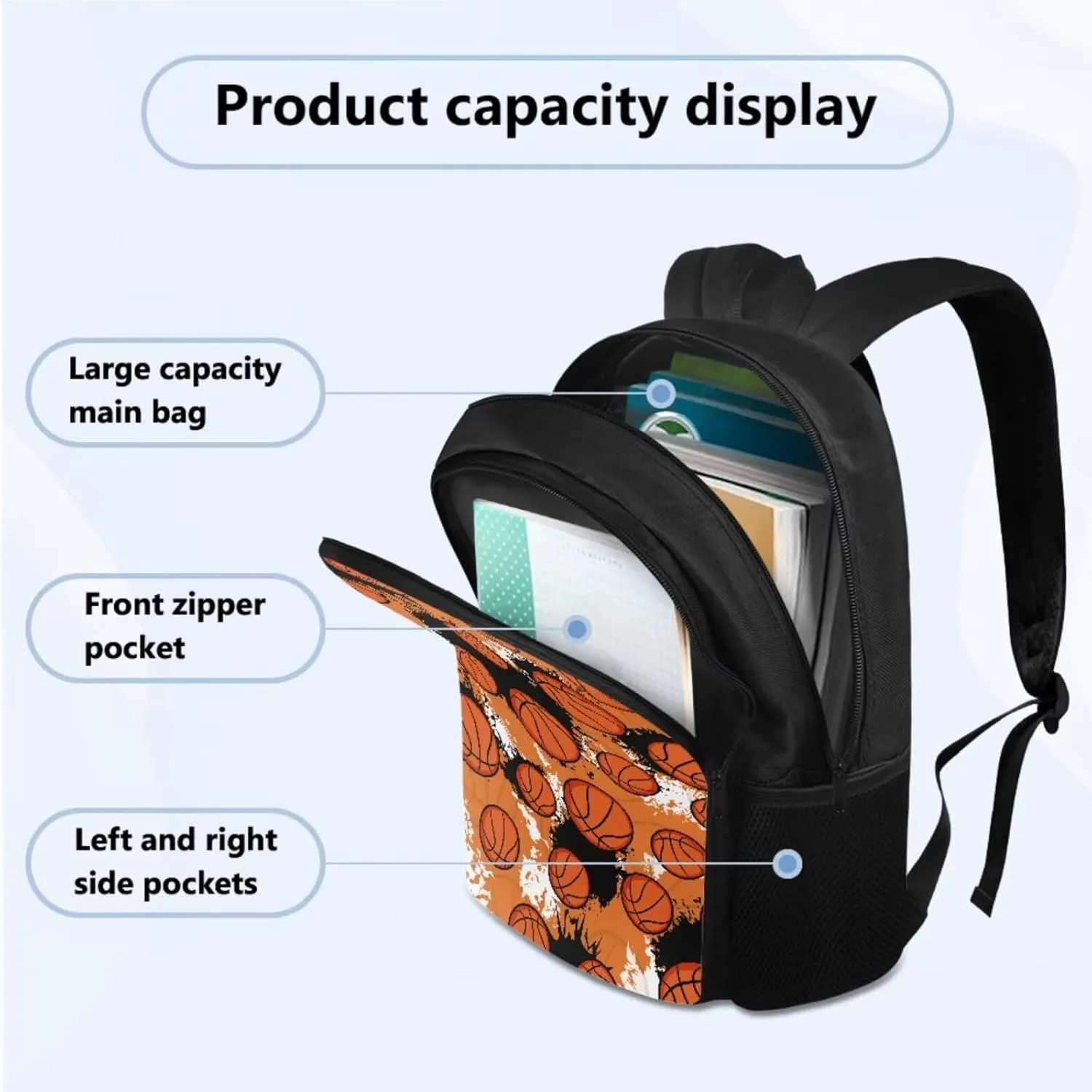 Basketball School Kids School Backpack for Boys 1st Grade Cool 3Pcs School Bag Set Teen Backpacks for Bookbag with Insulated Lunch Box Pencil Case for Daycare Primary Elementary
