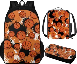 Basketball School Kids School Backpack for Boys 1st Grade Cool 3Pcs School Bag Set Teen Backpacks for Bookbag with Insulated Lunch Box Pencil Case for Daycare Primary Elementary