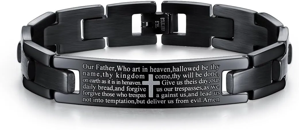 Bible Quote Cross Bracelet for Men Bible Verse Link Chain Bracelet, Catholic Bible Cross Tag Bracelet Vintage Bible Lord Prayer Strap Bracelet Mens Cool Bible Quote Bracelet Jewelry