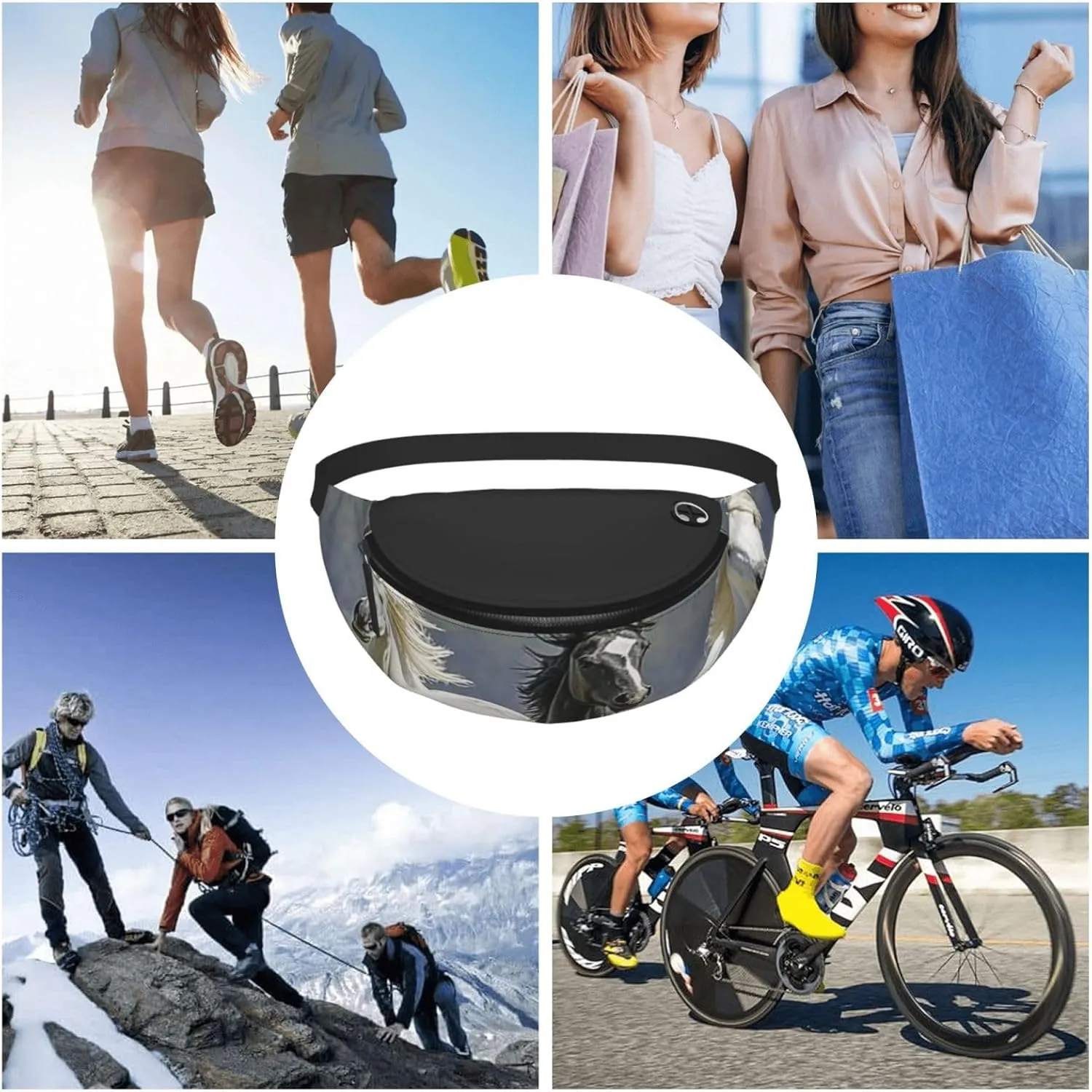 Black and White Horses Running3 Fanny Pack for Women Men Waist Bag Waterproof Belt Bag with Adjustable Strap