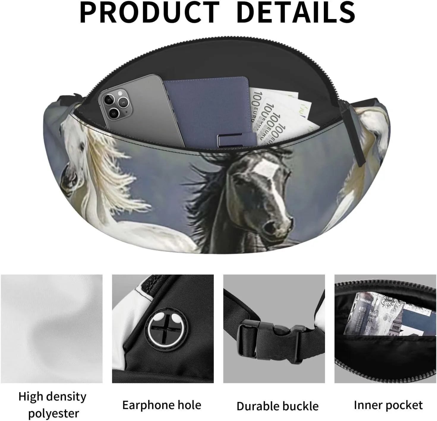 Black and White Horses Running3 Fanny Pack for Women Men Waist Bag Waterproof Belt Bag with Adjustable Strap