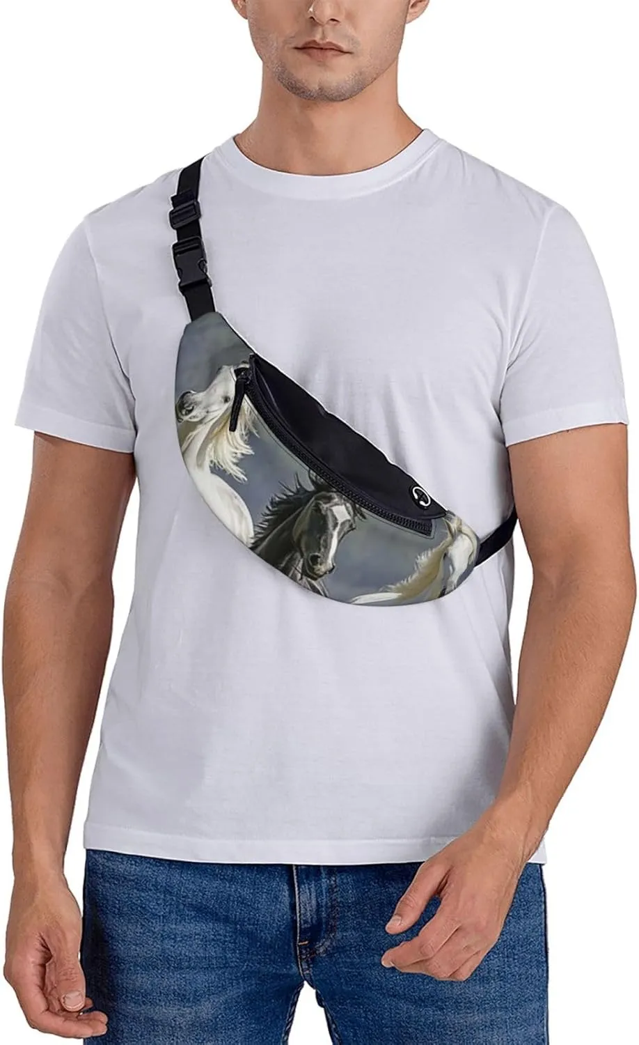 Black and White Horses Running3 Fanny Pack for Women Men Waist Bag Waterproof Belt Bag with Adjustable Strap