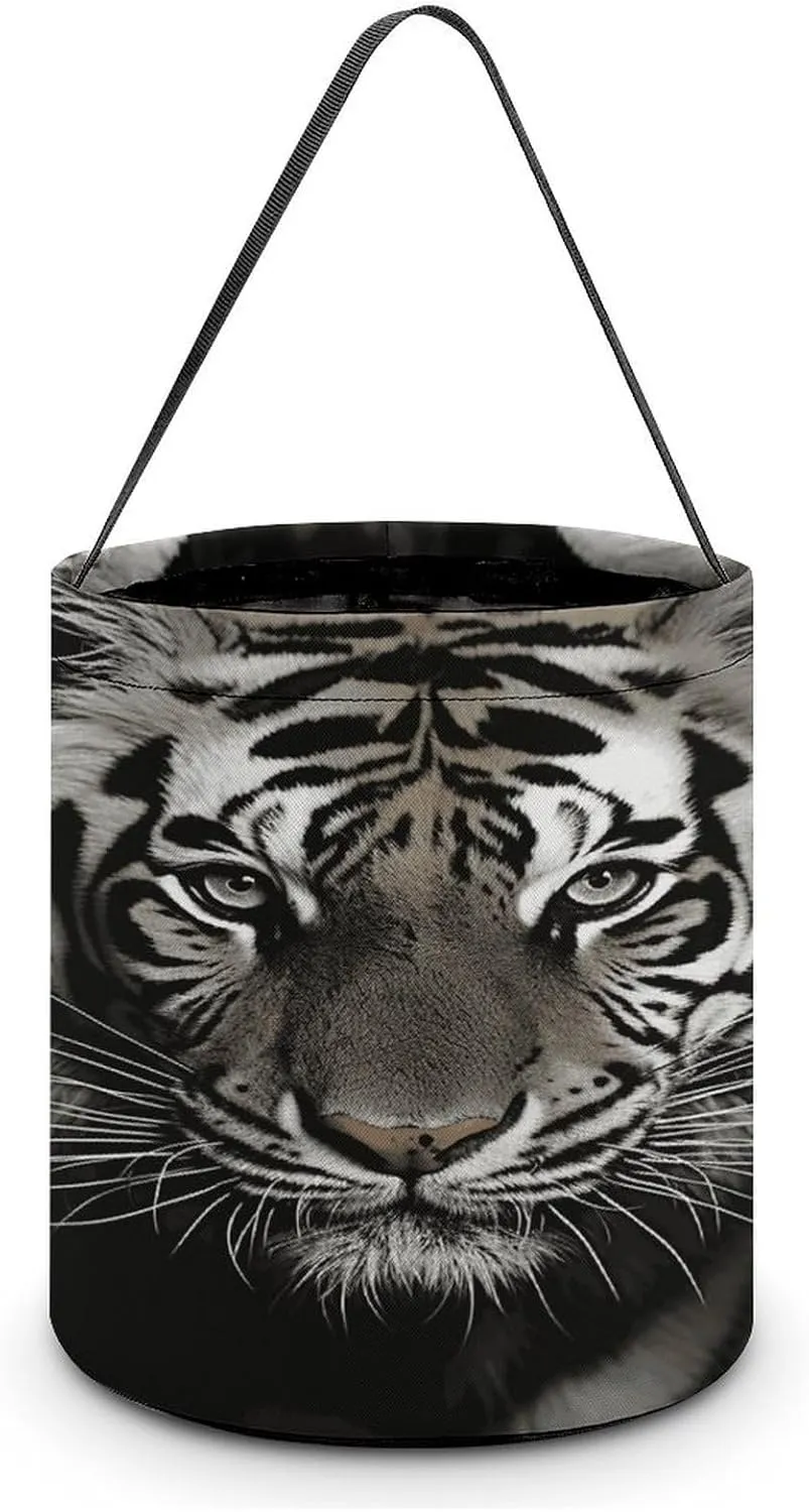Black And White Tiger Halloween Tote Candy Bag Candy Basket Candy Bucket Gift Bag for Halloween Party