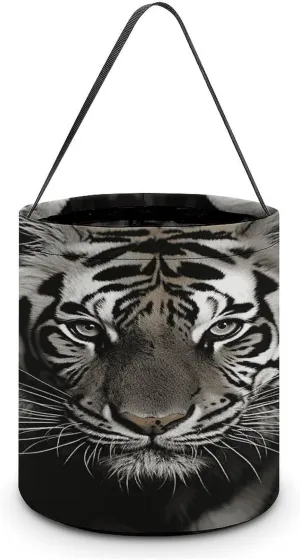 Black And White Tiger Halloween Tote Candy Bag Candy Basket Candy Bucket Gift Bag for Halloween Party