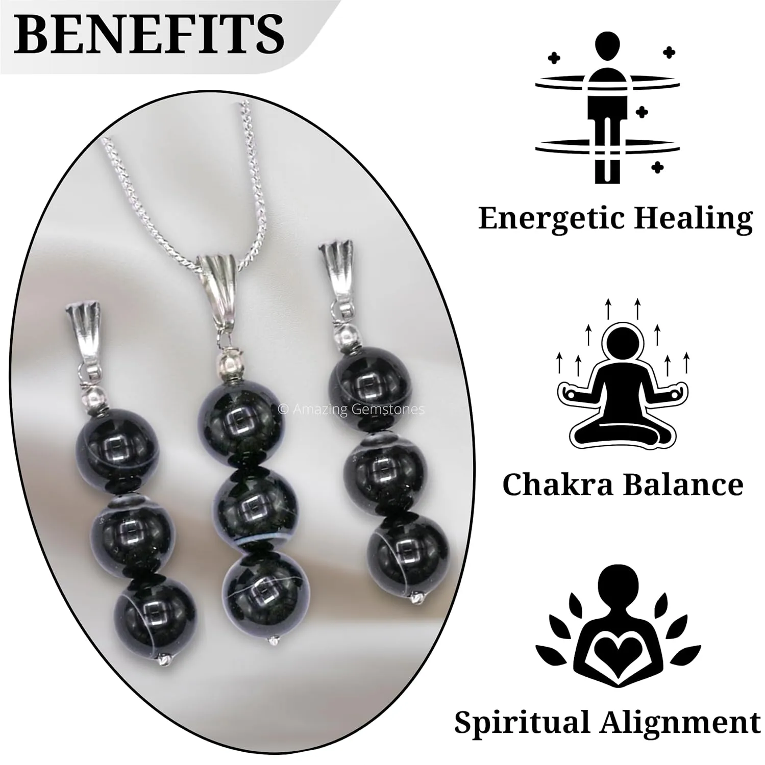 Black Sulemani Hakik Necklace for Women, Handmade Healing Crystal Necklace with Black Sulemani Hakik Bead - Black Necklace Pendant Jewelry for Women - Silver Dainty Birthday Gifts for Women