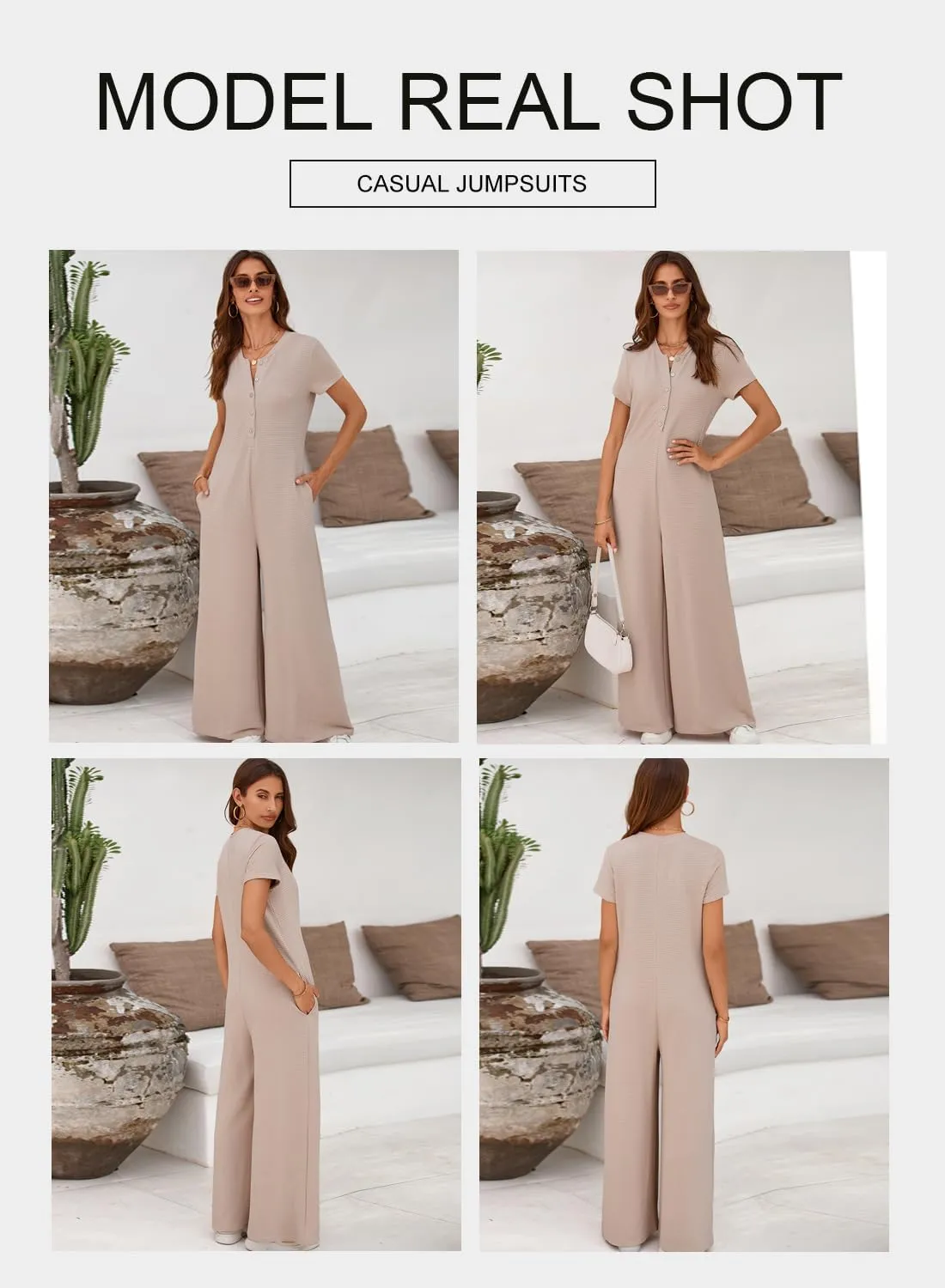 BLENCOT Casual Striped Short Sleeve Jumpsuits Rib Knit Wide Leg Romper Comfy Button Down Rompers