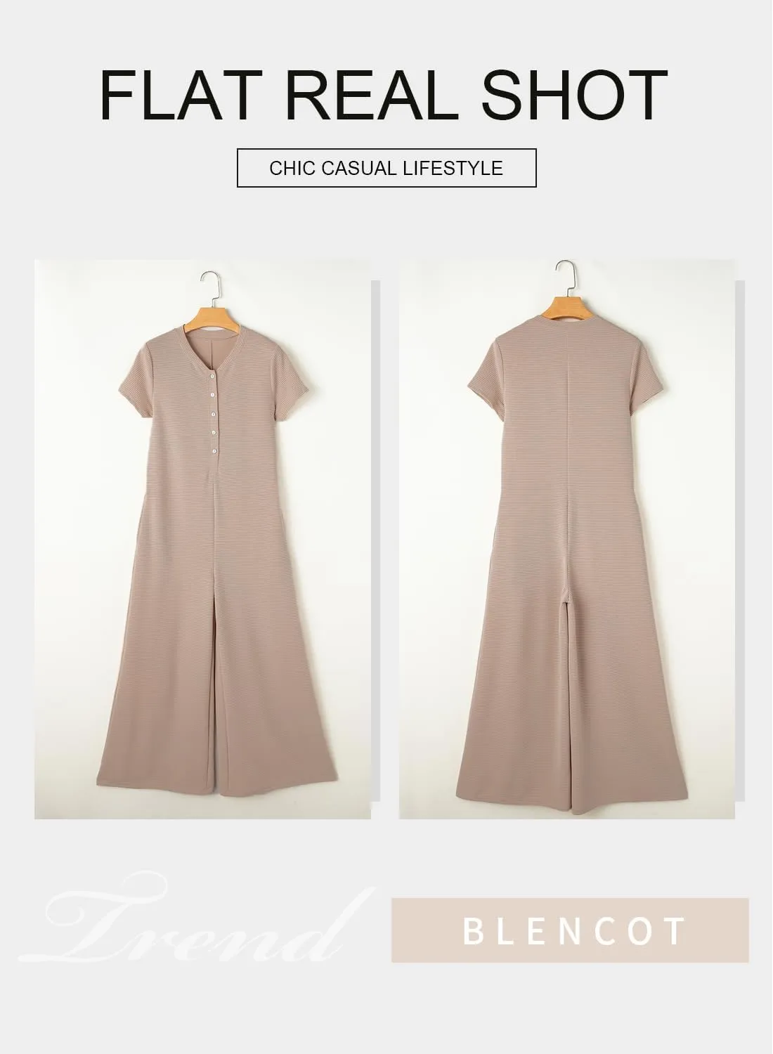 BLENCOT Casual Striped Short Sleeve Jumpsuits Rib Knit Wide Leg Romper Comfy Button Down Rompers