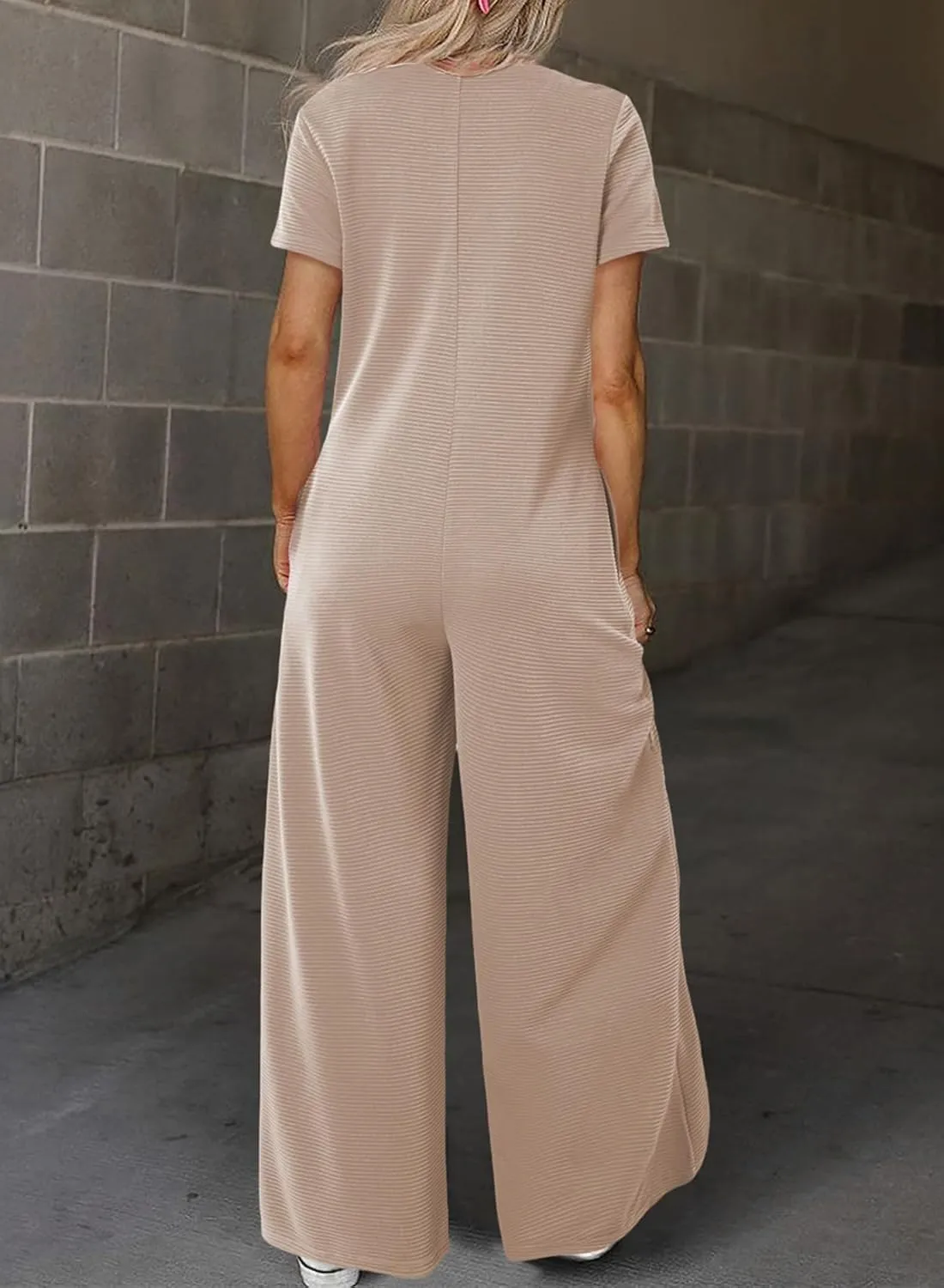 BLENCOT Casual Striped Short Sleeve Jumpsuits Rib Knit Wide Leg Romper Comfy Button Down Rompers