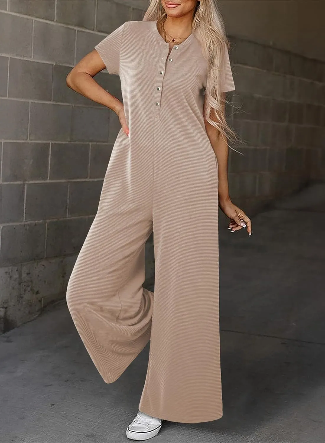 BLENCOT Casual Striped Short Sleeve Jumpsuits Rib Knit Wide Leg Romper Comfy Button Down Rompers
