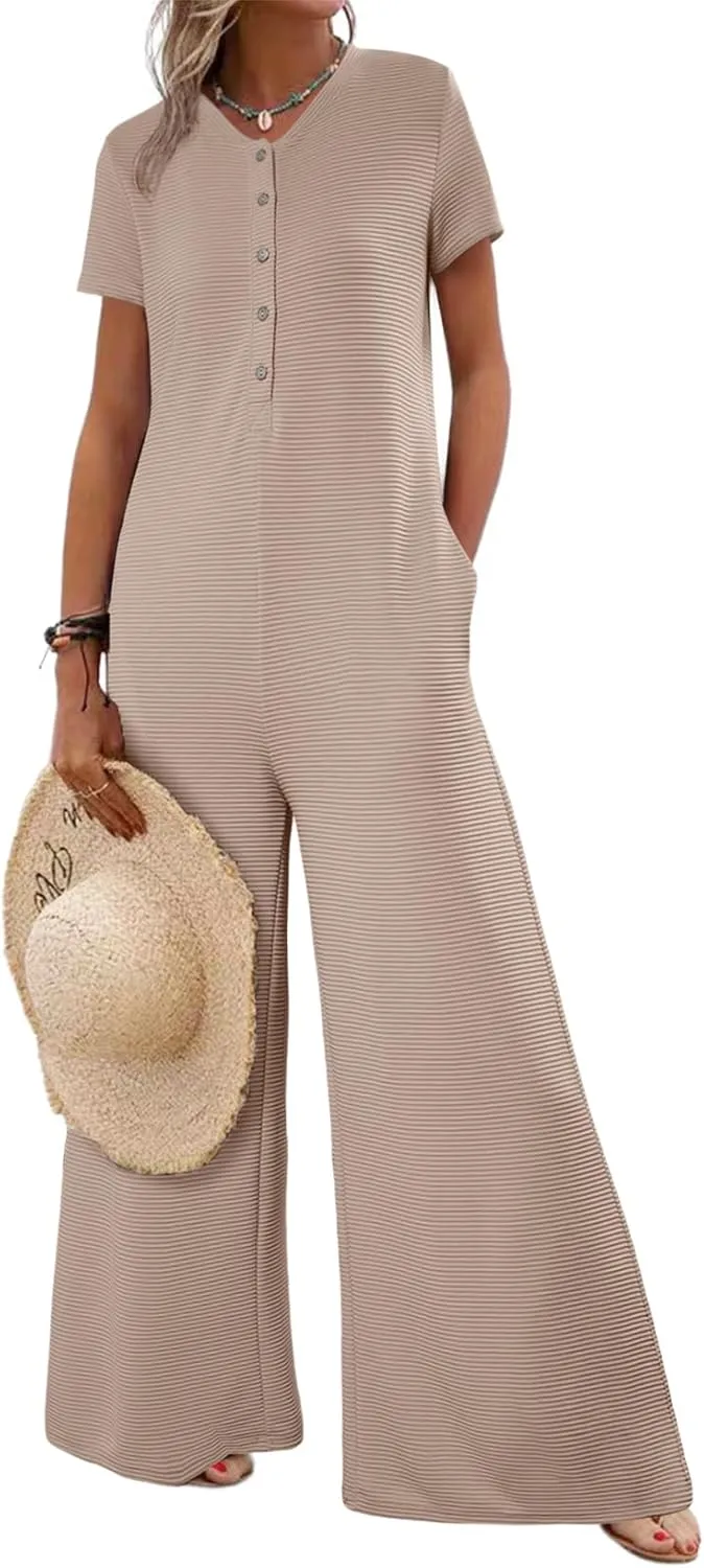 BLENCOT Casual Striped Short Sleeve Jumpsuits Rib Knit Wide Leg Romper Comfy Button Down Rompers