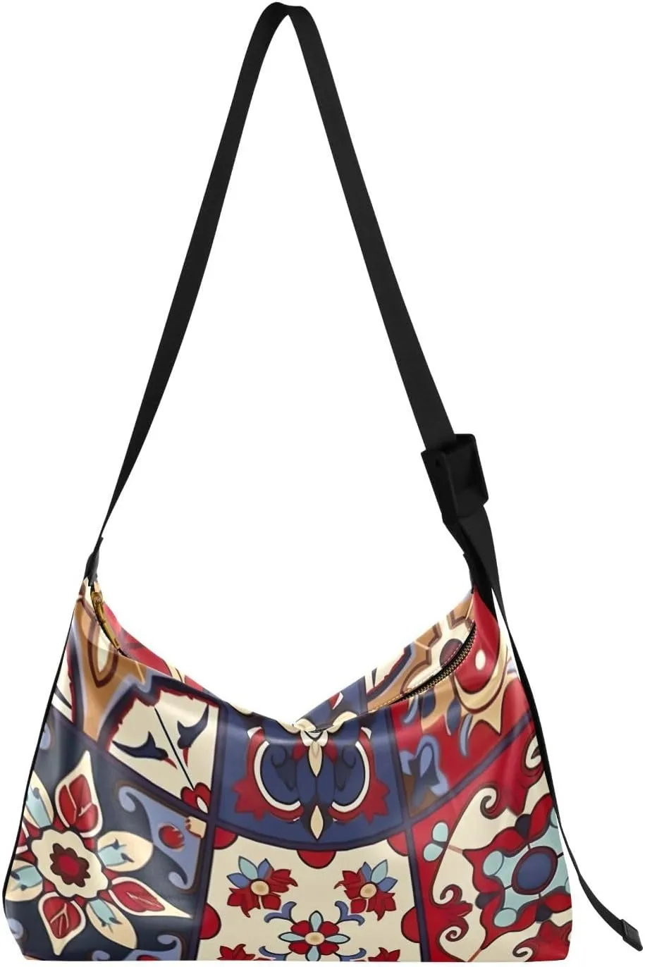 Blue Beige Mexican Tiles Tote Bag for Women Large Hobo Bags Leather Crossbody Bags Casual Handbags with Adjustable Strap for Women