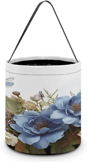 Blue Flowers And Dragonfly Halloween Tote Candy Bag Candy Basket Candy Bucket Gift Bag for Halloween Party