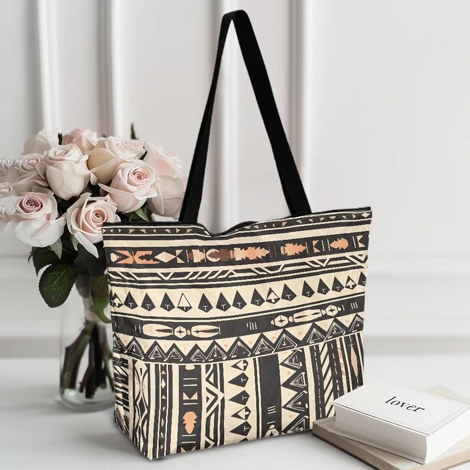 Bohemia Tribal Totes Bag Large Zipper Eco Tote Bag, Native Ethnic Shoulder Tote Bag for Shopping Grocery, Beach Bag