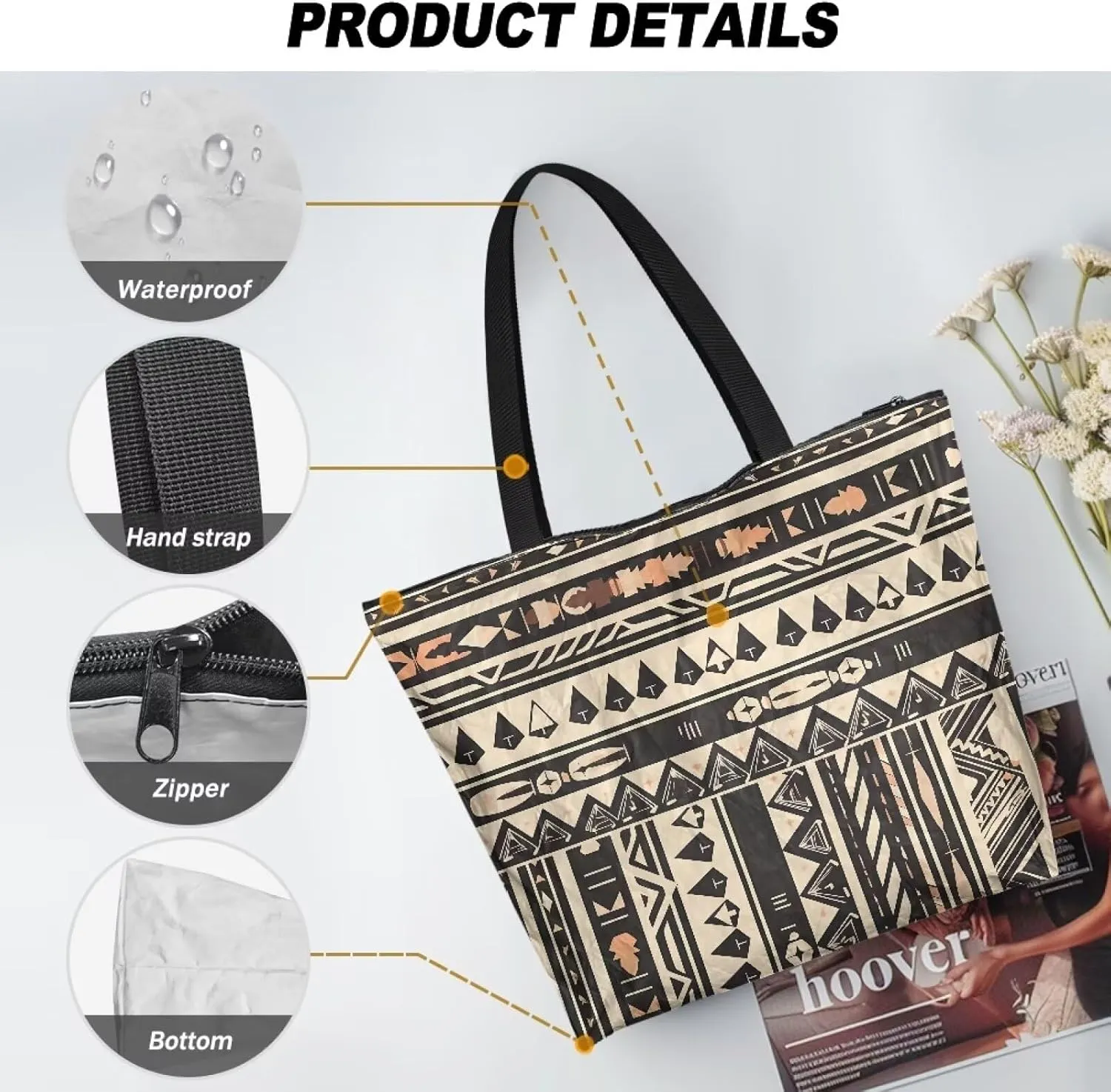 Bohemia Tribal Totes Bag Large Zipper Eco Tote Bag, Native Ethnic Shoulder Tote Bag for Shopping Grocery, Beach Bag