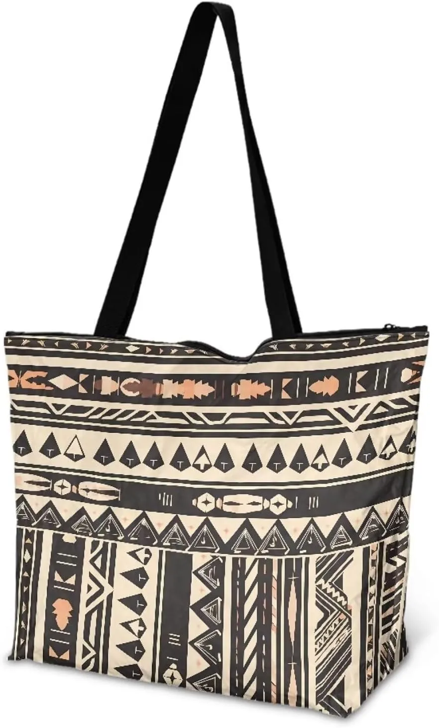 Bohemia Tribal Totes Bag Large Zipper Eco Tote Bag, Native Ethnic Shoulder Tote Bag for Shopping Grocery, Beach Bag