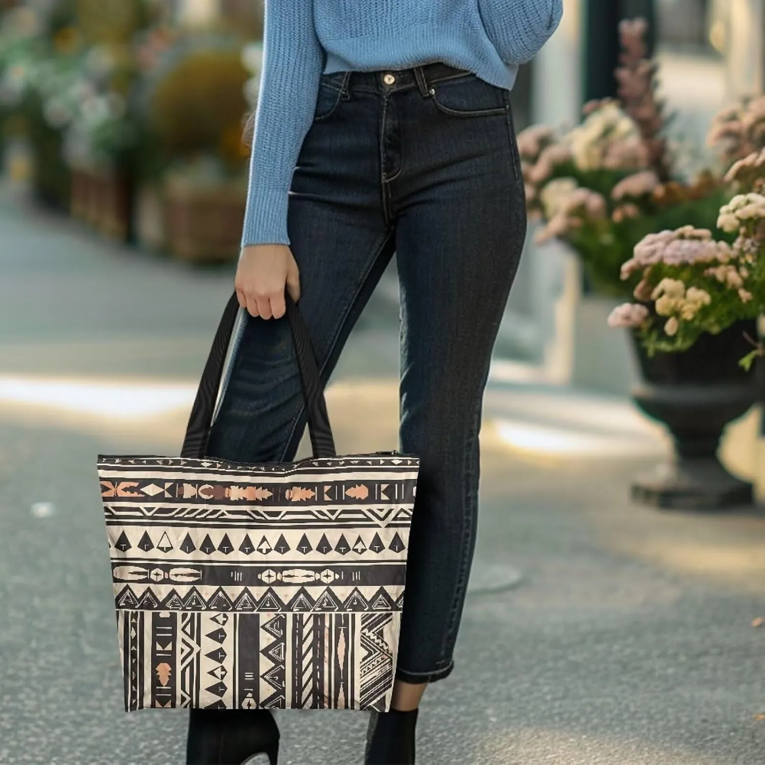 Bohemia Tribal Totes Bag Large Zipper Eco Tote Bag, Native Ethnic Shoulder Tote Bag for Shopping Grocery, Beach Bag