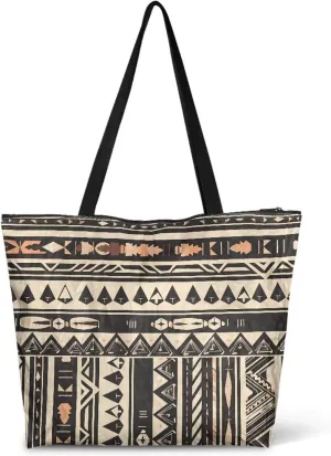Bohemia Tribal Totes Bag Large Zipper Eco Tote Bag, Native Ethnic Shoulder Tote Bag for Shopping Grocery, Beach Bag