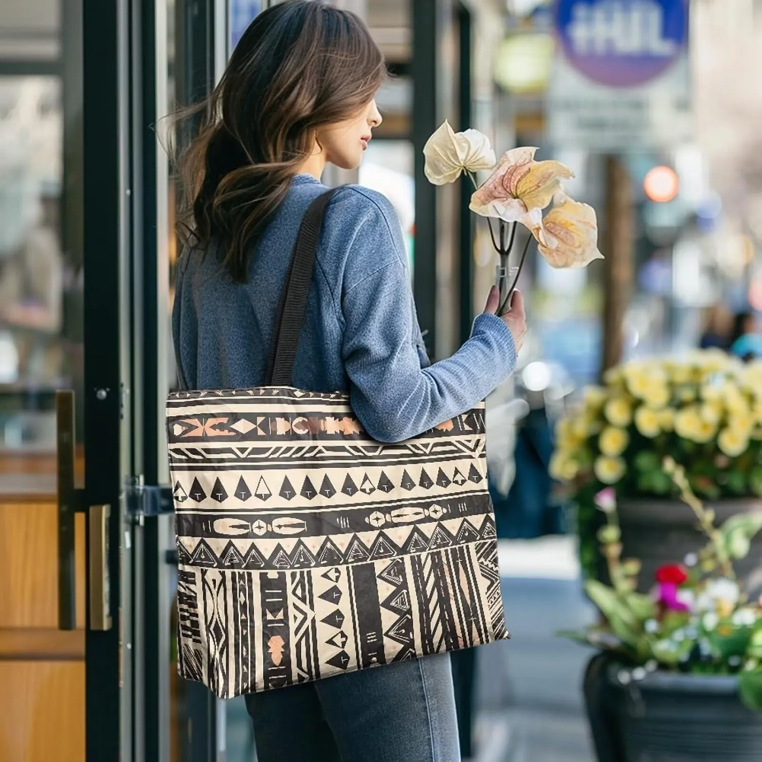 Bohemia Tribal Totes Bag Large Zipper Eco Tote Bag, Native Ethnic Shoulder Tote Bag for Shopping Grocery, Beach Bag