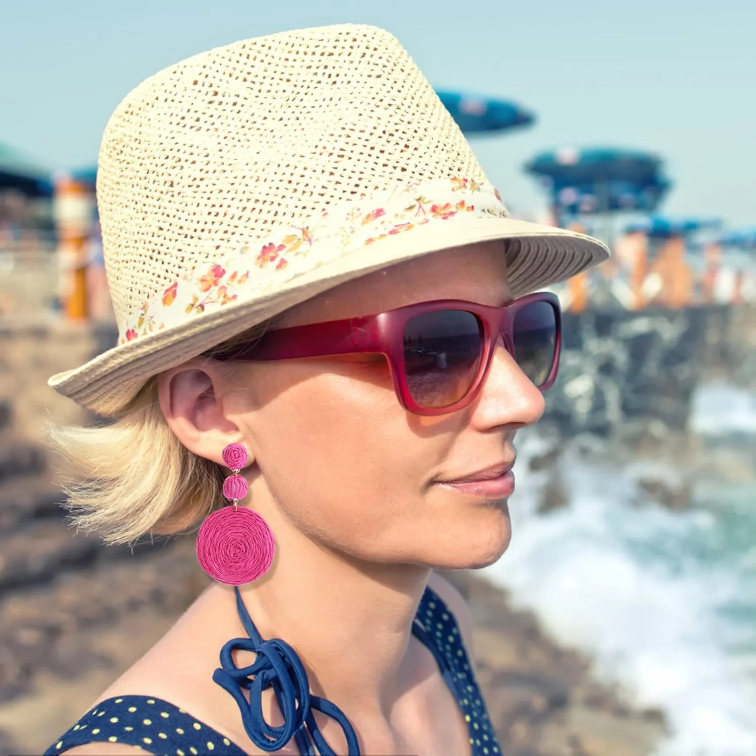 Boho Raffia Ball Earrings for Women, Handmade Statement Drop Earrings Straw Dangle Earrings Beach Vacation Jewelry