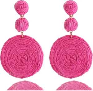 Boho Raffia Ball Earrings for Women, Handmade Statement Drop Earrings Straw Dangle Earrings Beach Vacation Jewelry
