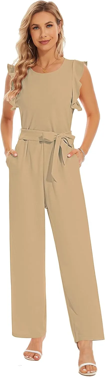 BSXIJIE Womens Summer Causal Crew Neck Jumpsuits Ruffle Cap Sleeve Belted High Waist Wide Leg One Piece Pants Romper