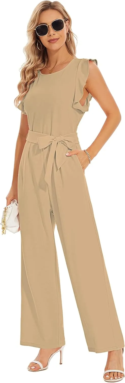 BSXIJIE Womens Summer Causal Crew Neck Jumpsuits Ruffle Cap Sleeve Belted High Waist Wide Leg One Piece Pants Romper