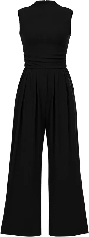 BTFBM One Piece Jumpsuits For Women Dressy Casual Spring Summer Outfits 2025 Sleeveless Mock Neck Wide Leg Pants Rompers