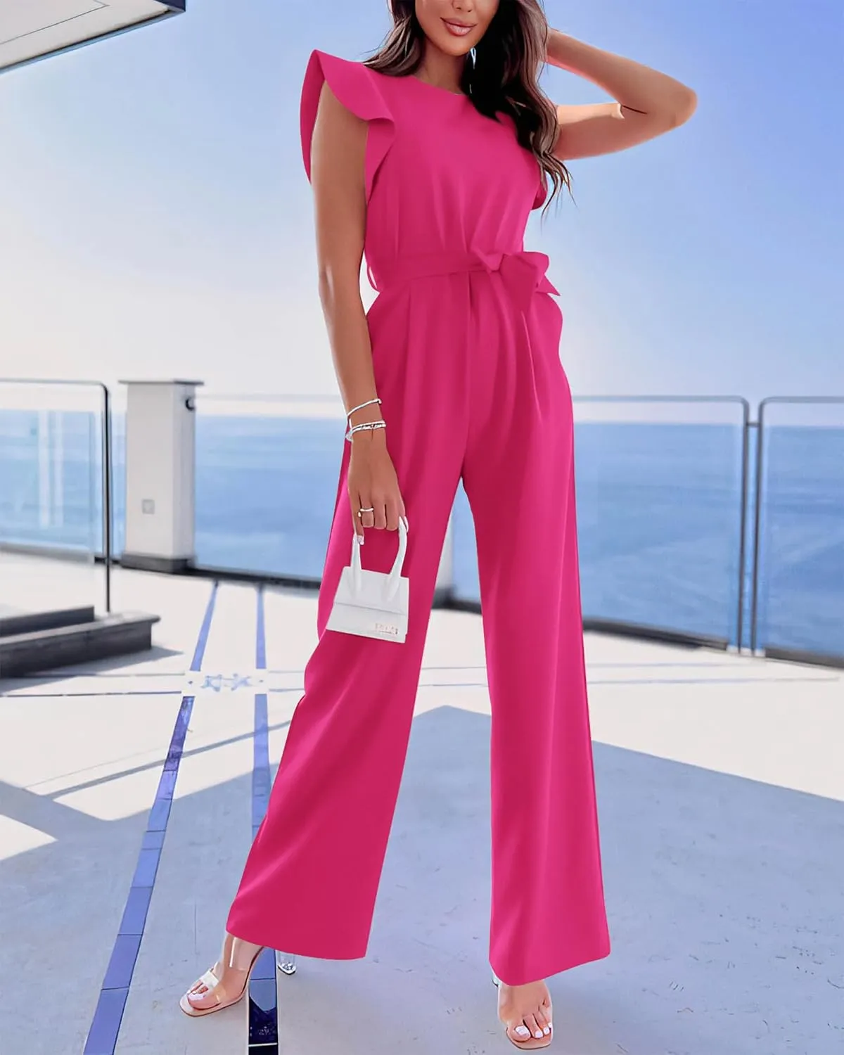 BTFBM Women Jumpsuits Crew Neck Ruffle Cap Sleeve Belted High Waist Wide Leg Romper with Pockets One Piece Casual Outfits