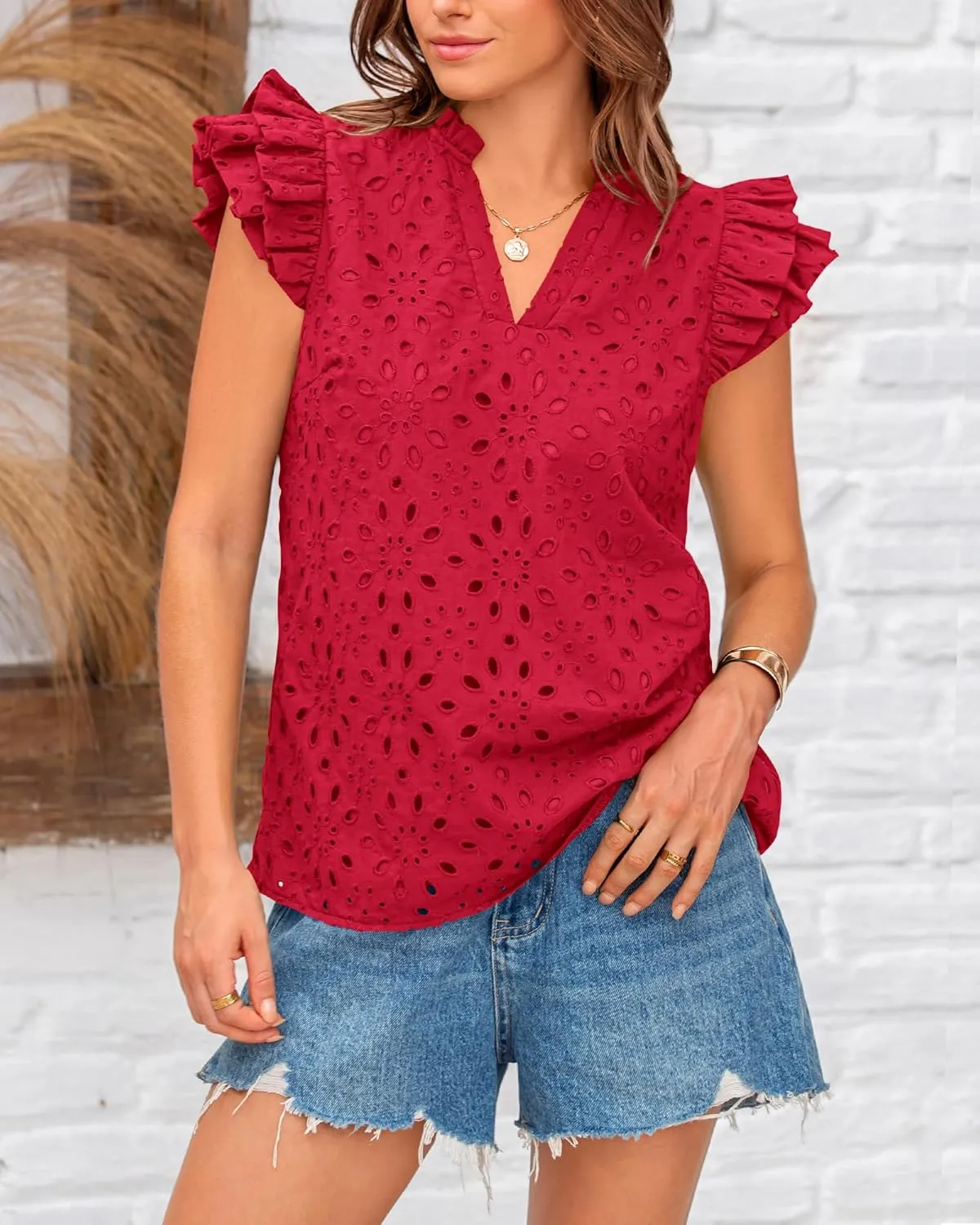 BTFBM Women Summer Eyelet Tops Dressy Casual V Neck Ruffle Cap Sleeve Cotton Boho Shirts Lace Embroidered Blouses 2025