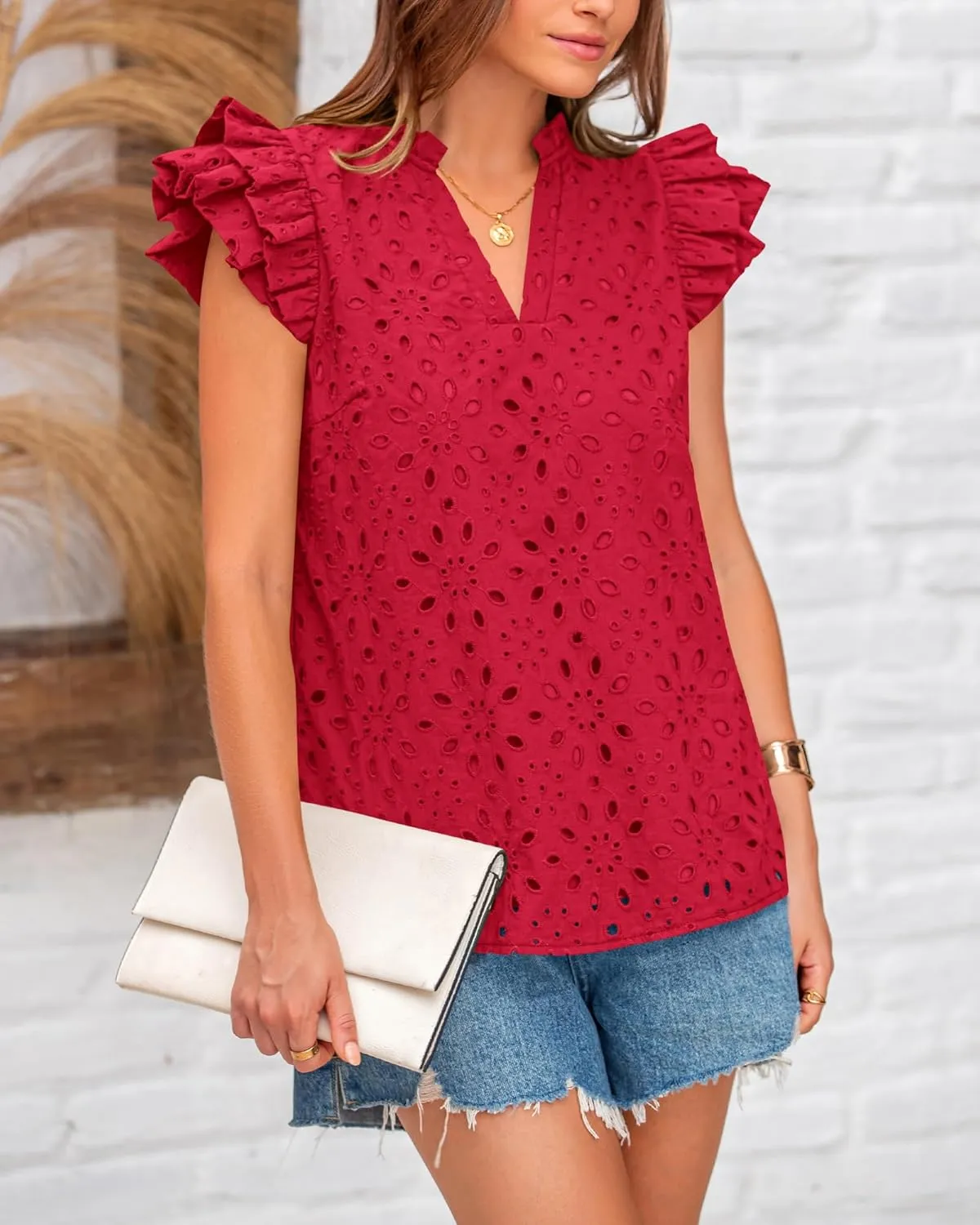 BTFBM Women Summer Eyelet Tops Dressy Casual V Neck Ruffle Cap Sleeve Cotton Boho Shirts Lace Embroidered Blouses 2025