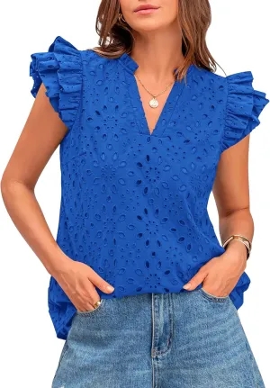 BTFBM Women Summer Eyelet Tops Dressy Casual V Neck Ruffle Cap Sleeve Cotton Boho Shirts Lace Embroidered Blouses 2025