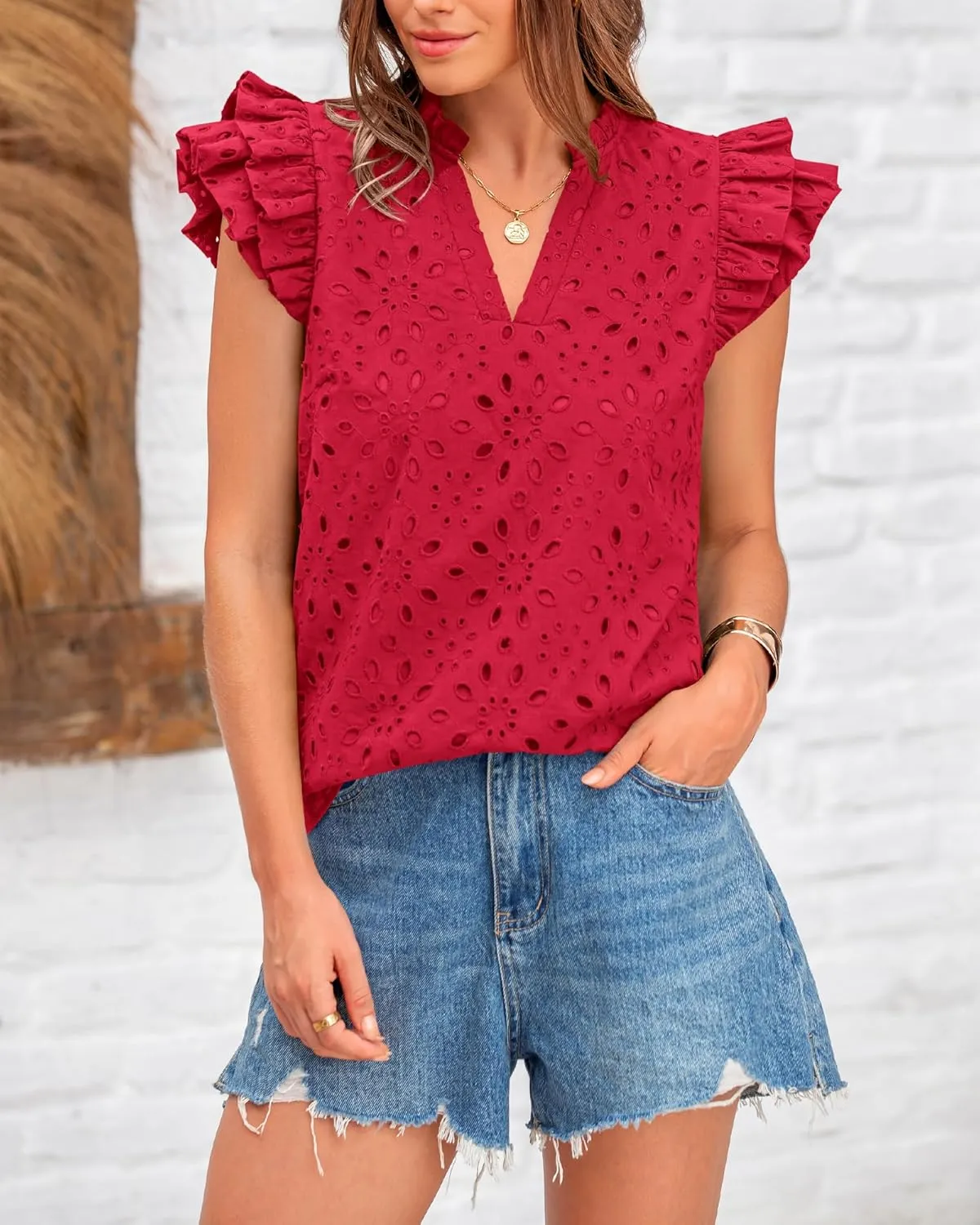 BTFBM Women Summer Eyelet Tops Dressy Casual V Neck Ruffle Cap Sleeve Cotton Boho Shirts Lace Embroidered Blouses 2025
