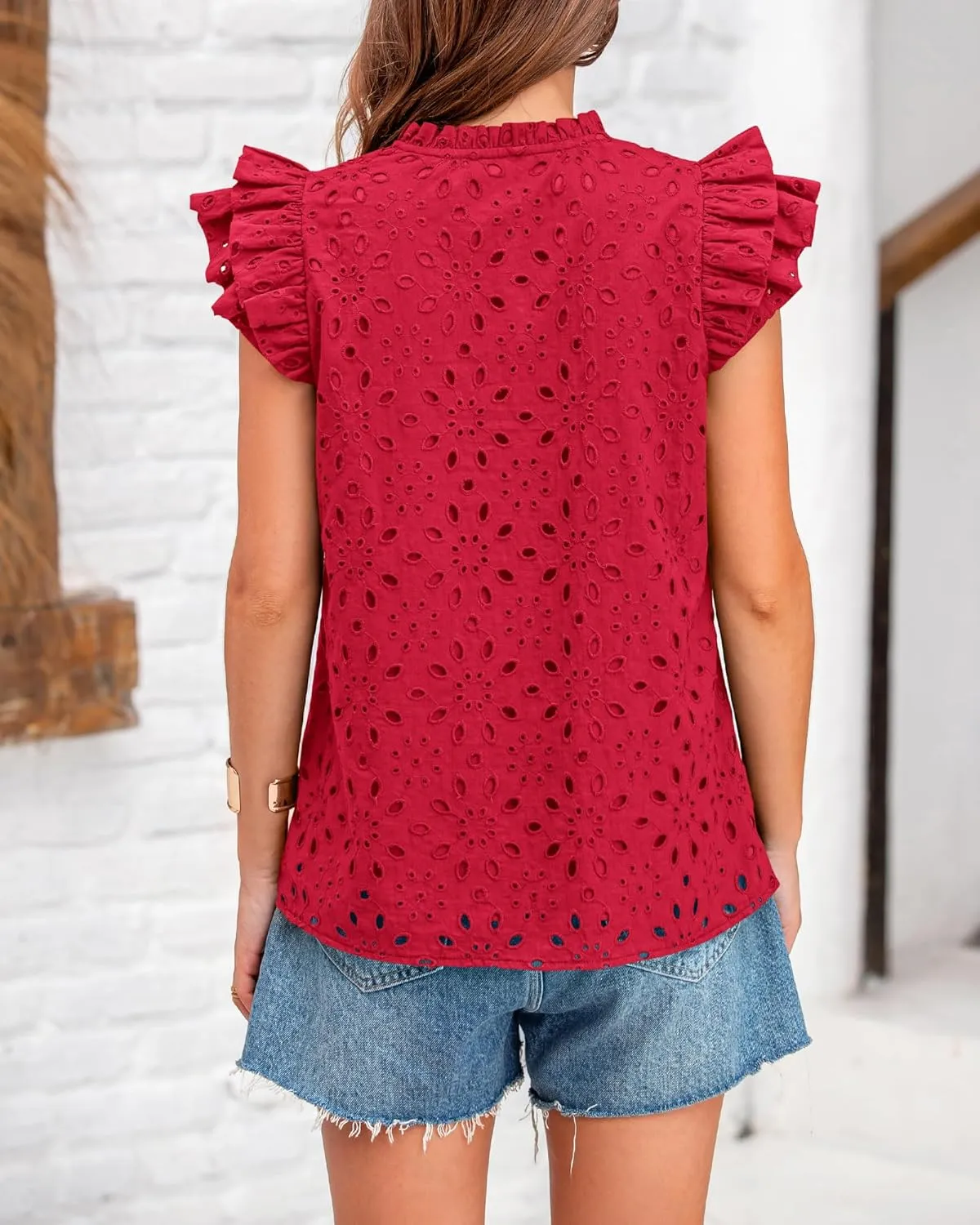 BTFBM Women Summer Eyelet Tops Dressy Casual V Neck Ruffle Cap Sleeve Cotton Boho Shirts Lace Embroidered Blouses 2025
