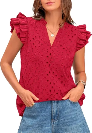 BTFBM Women Summer Eyelet Tops Dressy Casual V Neck Ruffle Cap Sleeve Cotton Boho Shirts Lace Embroidered Blouses 2025