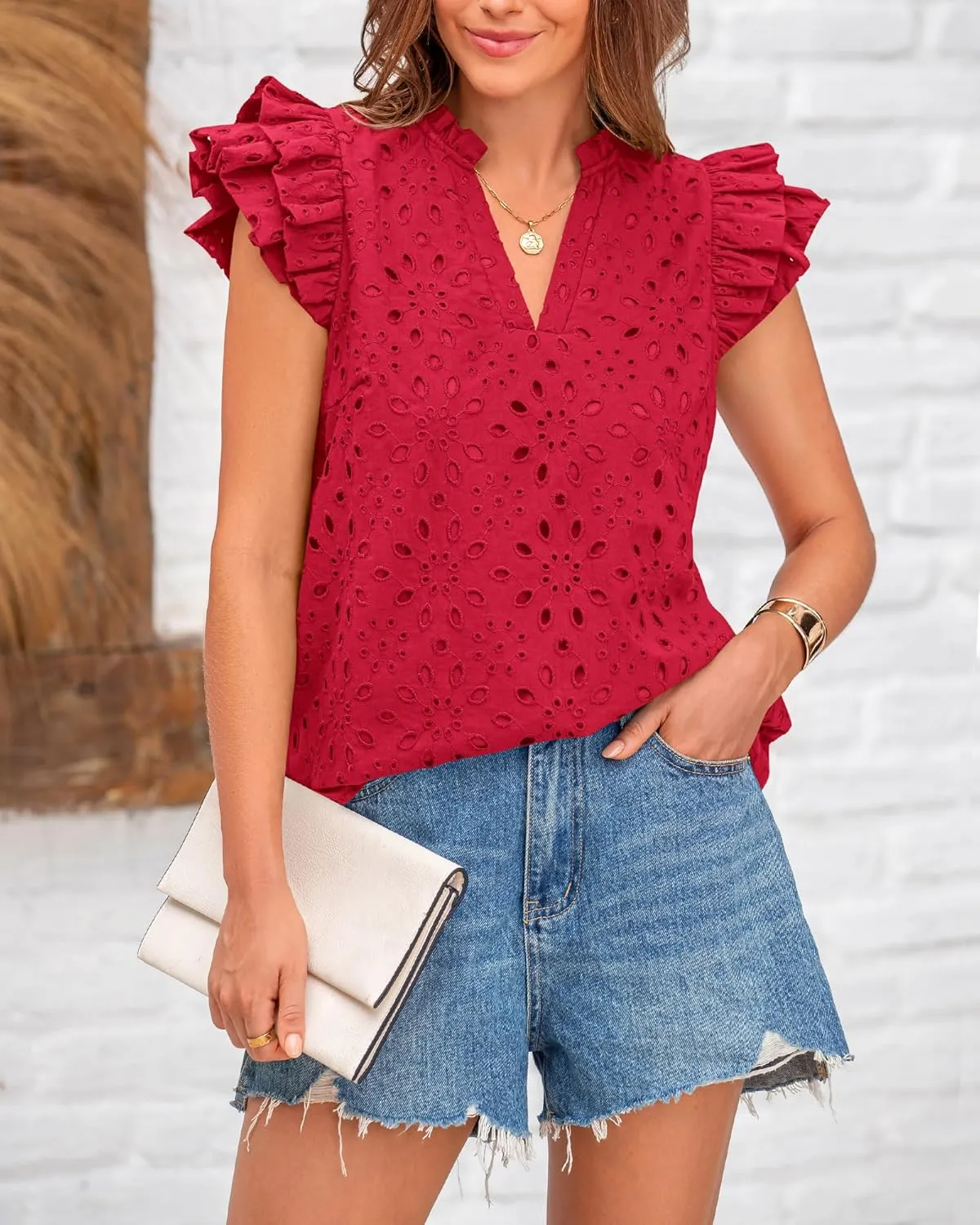 BTFBM Women Summer Eyelet Tops Dressy Casual V Neck Ruffle Cap Sleeve Cotton Boho Shirts Lace Embroidered Blouses 2025