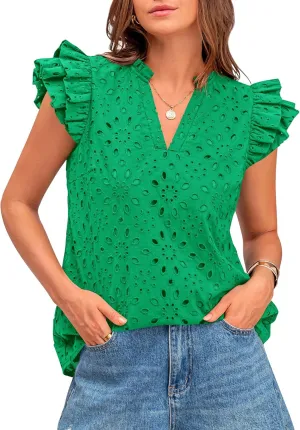 BTFBM Women Summer Eyelet Tops Dressy Casual V Neck Ruffle Cap Sleeve Cotton Boho Shirts Lace Embroidered Blouses 2025