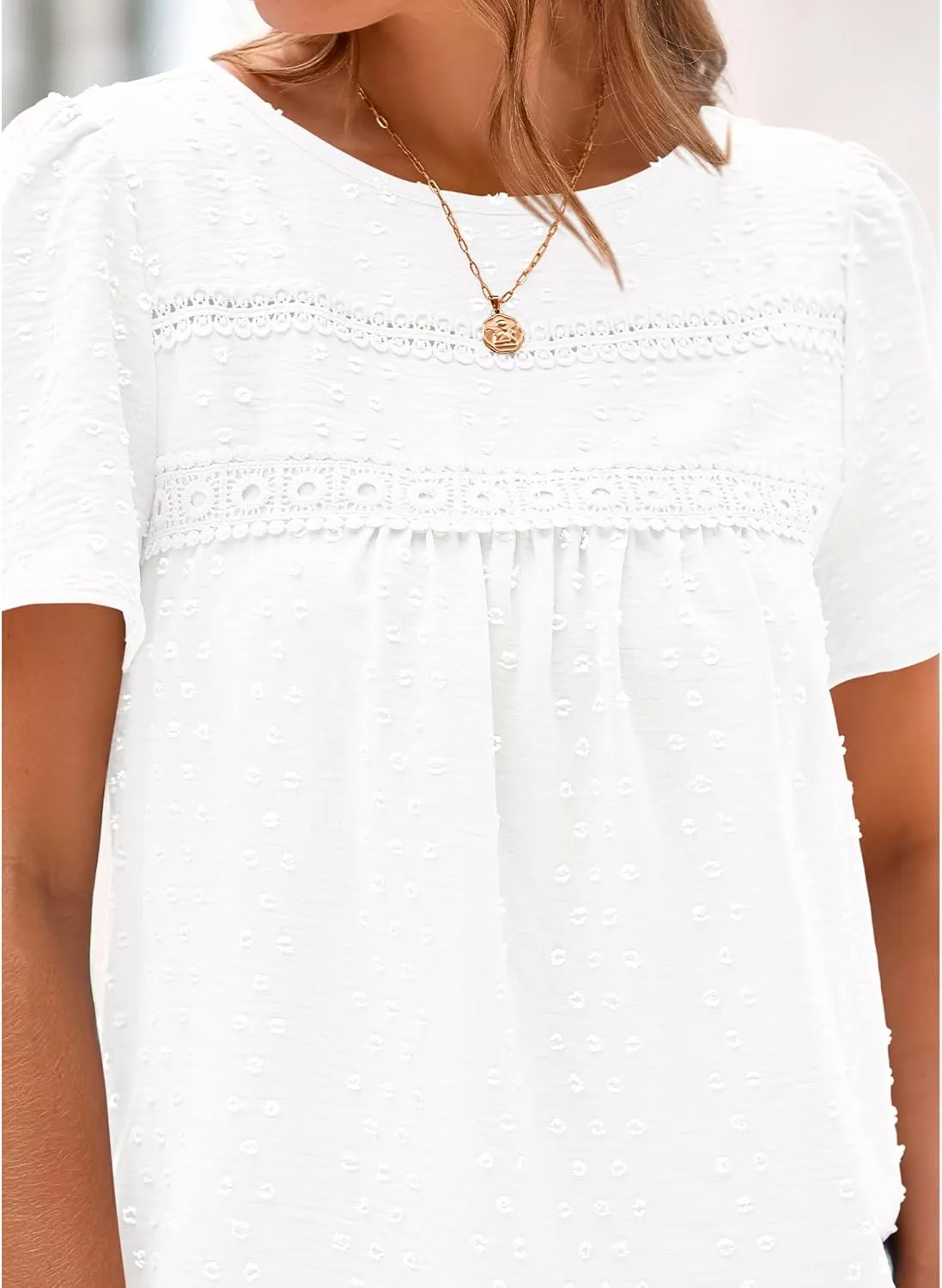 BTFBM Women's 2025 Summer Tops Swiss Dot Lace Crochet Crewneck Short Sleeve Casual Cute Shirts Boho Blouses