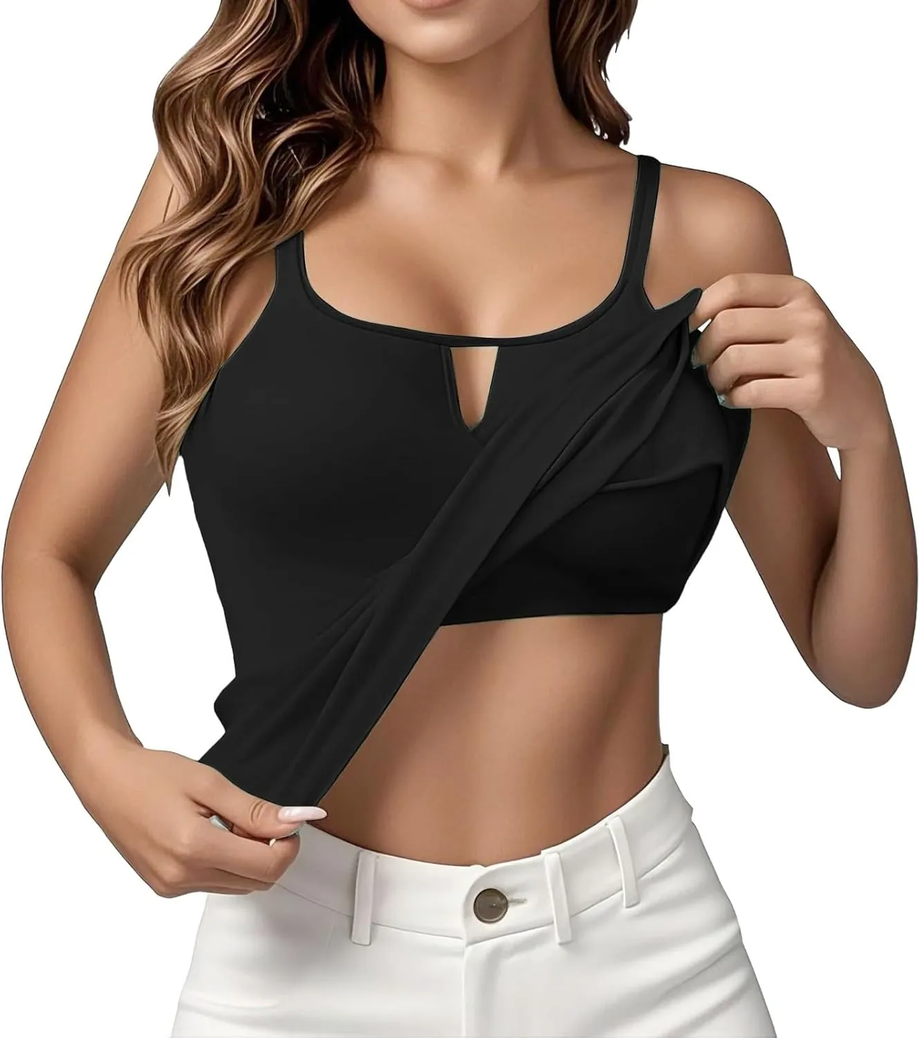 Built in Bra Tank Tops for Women Adjustable Spaghetti Strap Yoga Basic Shirts Padded Camisole Lounge Undershirts