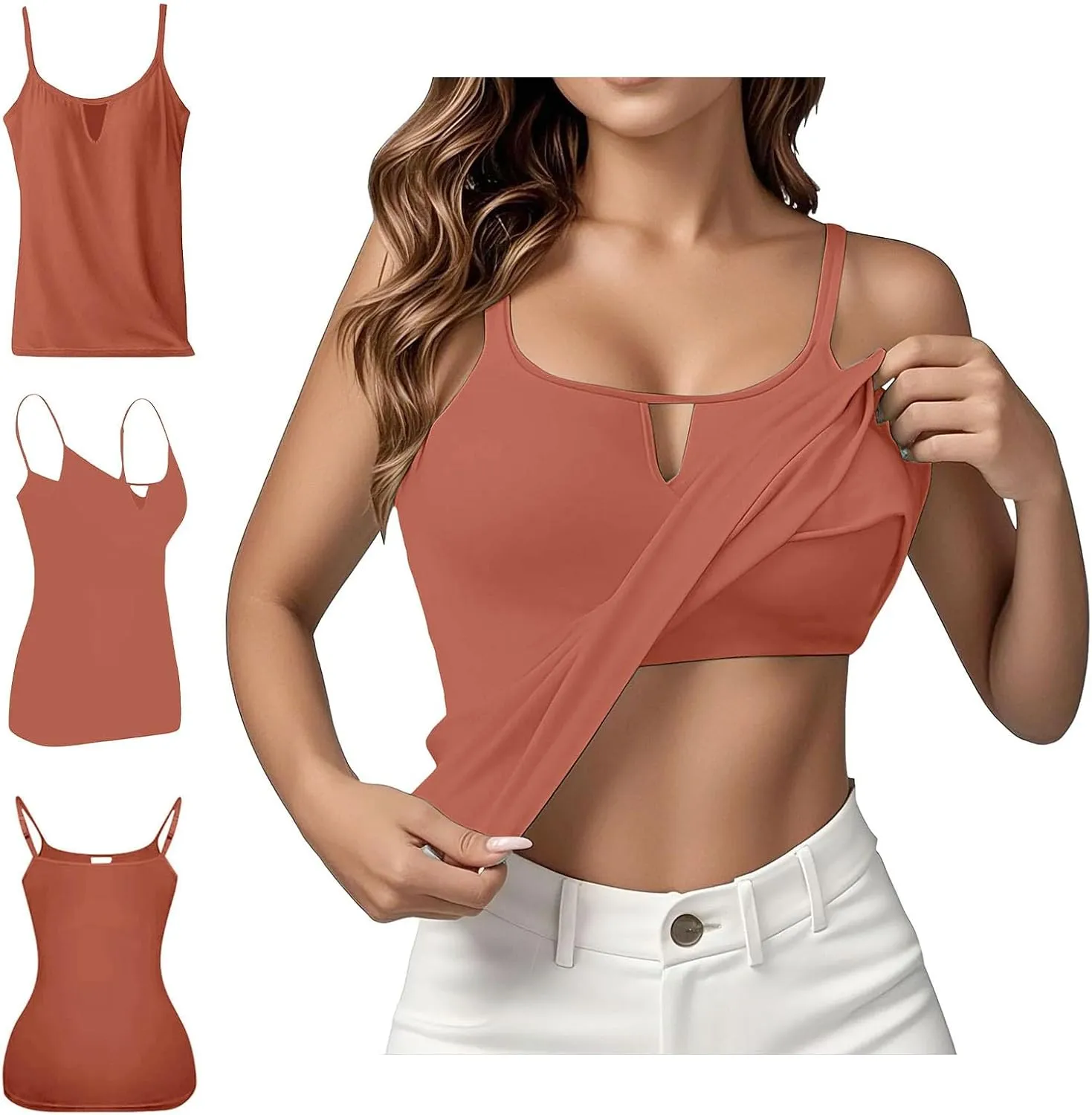 Built in Bra Tank Tops for Women Adjustable Spaghetti Strap Yoga Basic Shirts Padded Camisole Lounge Undershirts
