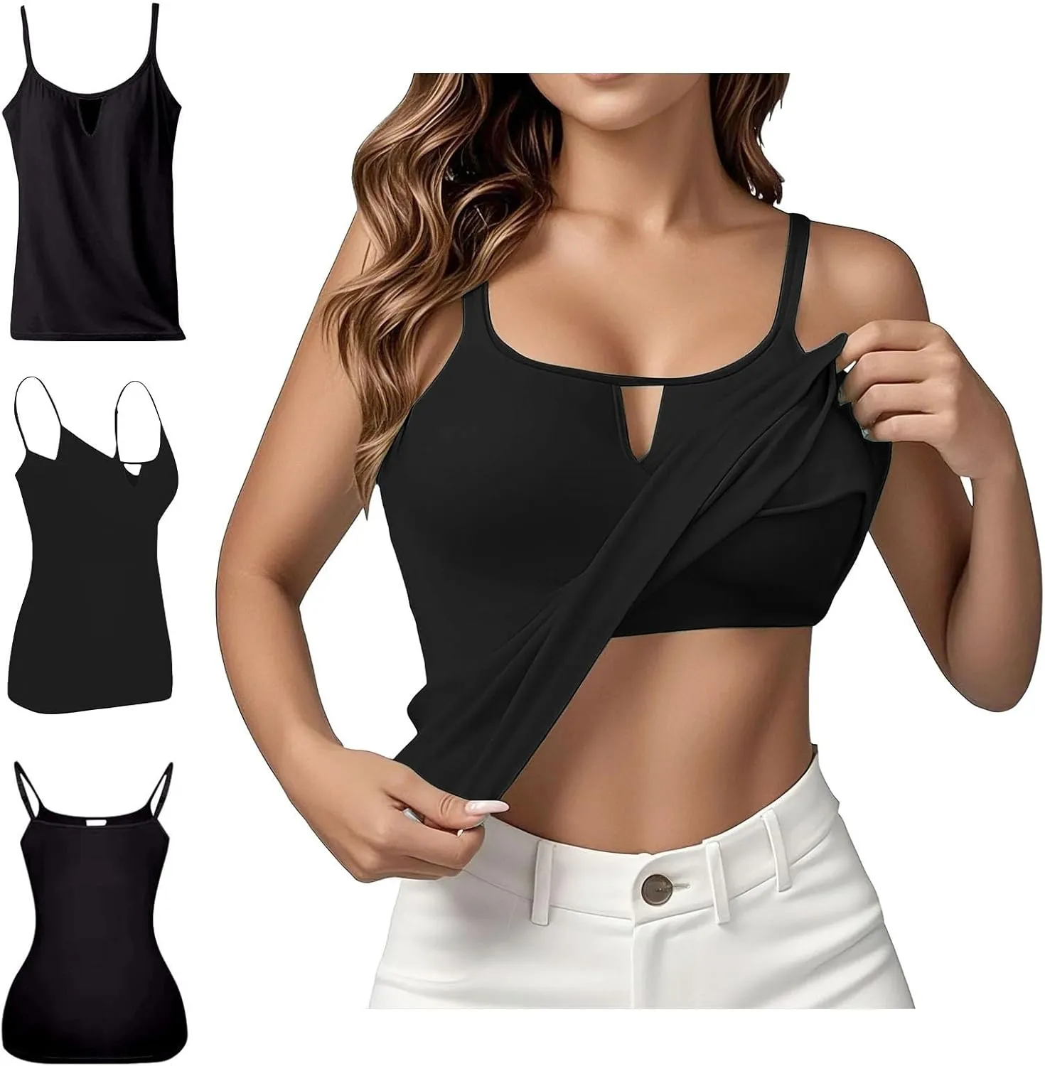 Built in Bra Tank Tops for Women Adjustable Spaghetti Strap Yoga Basic Shirts Padded Camisole Lounge Undershirts