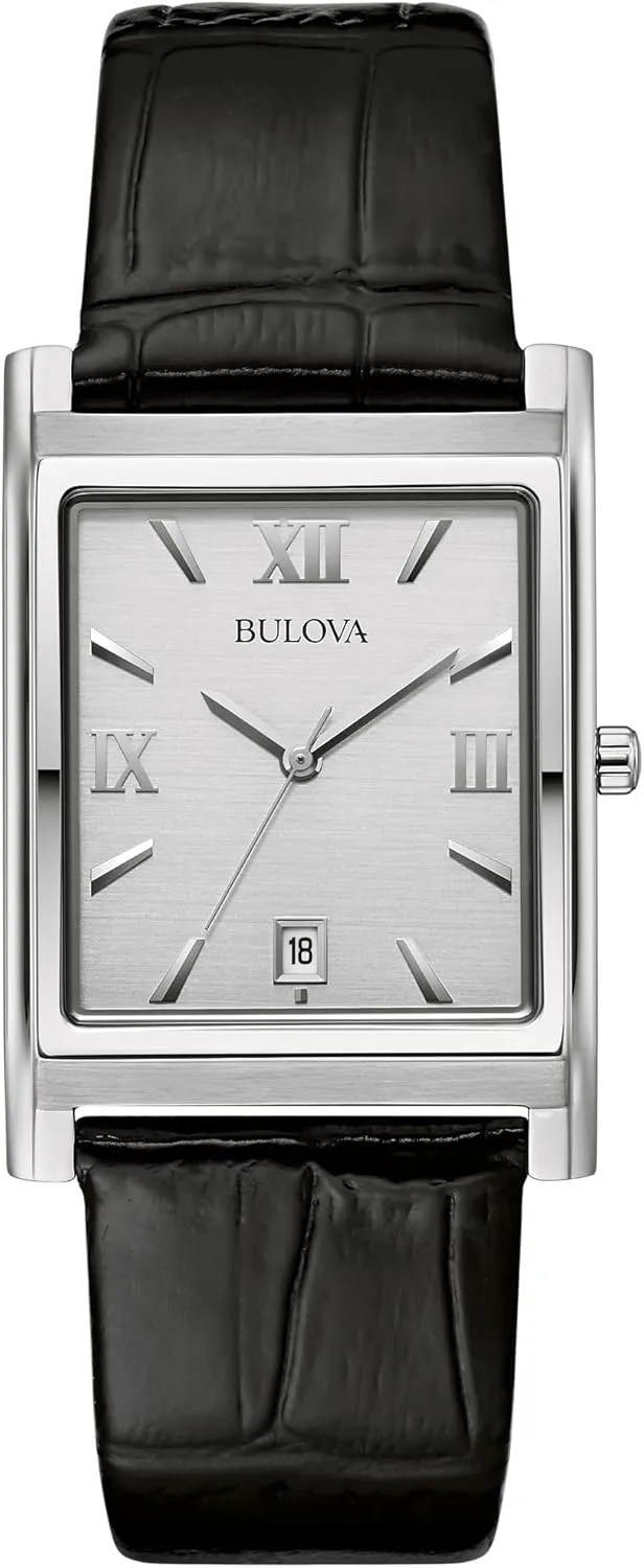 Bulova Men's Stainless Steel 3-Hand Calendar Date Quartz Watch with Black Leather Strap, Rectangle Dial Style: 96B107
