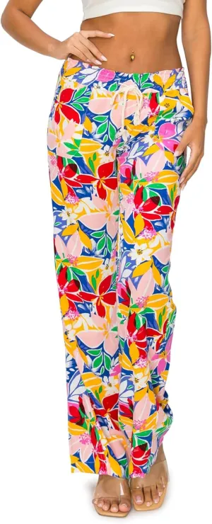 Cali1850 Women's Print Linen Pants - 32" Inseam Oceanside Drawstring Smocked Waist Casual Lounge Beach Trousers with Pockets