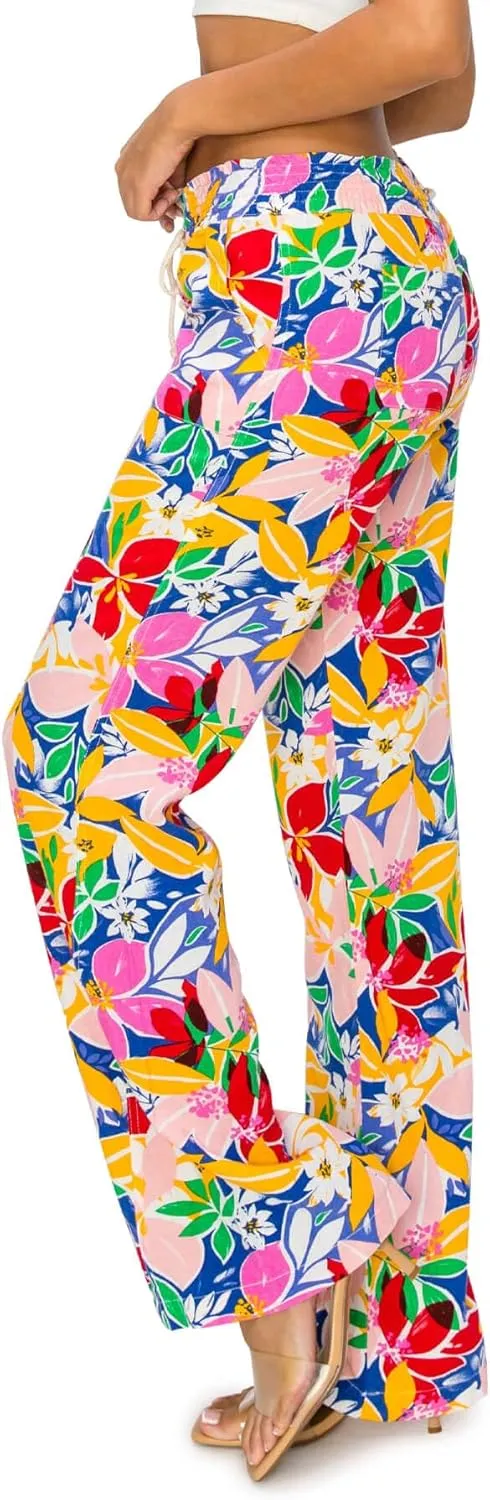 Cali1850 Women's Print Linen Pants - 32" Inseam Oceanside Drawstring Smocked Waist Casual Lounge Beach Trousers with Pockets