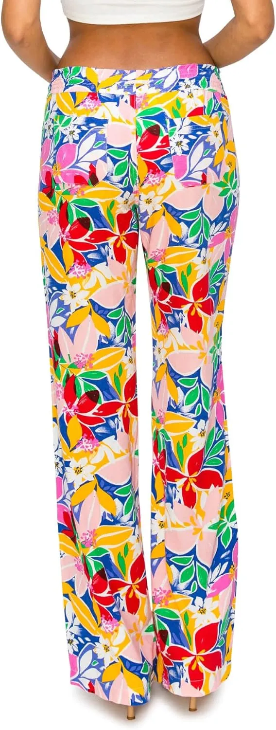 Cali1850 Women's Print Linen Pants - 32" Inseam Oceanside Drawstring Smocked Waist Casual Lounge Beach Trousers with Pockets