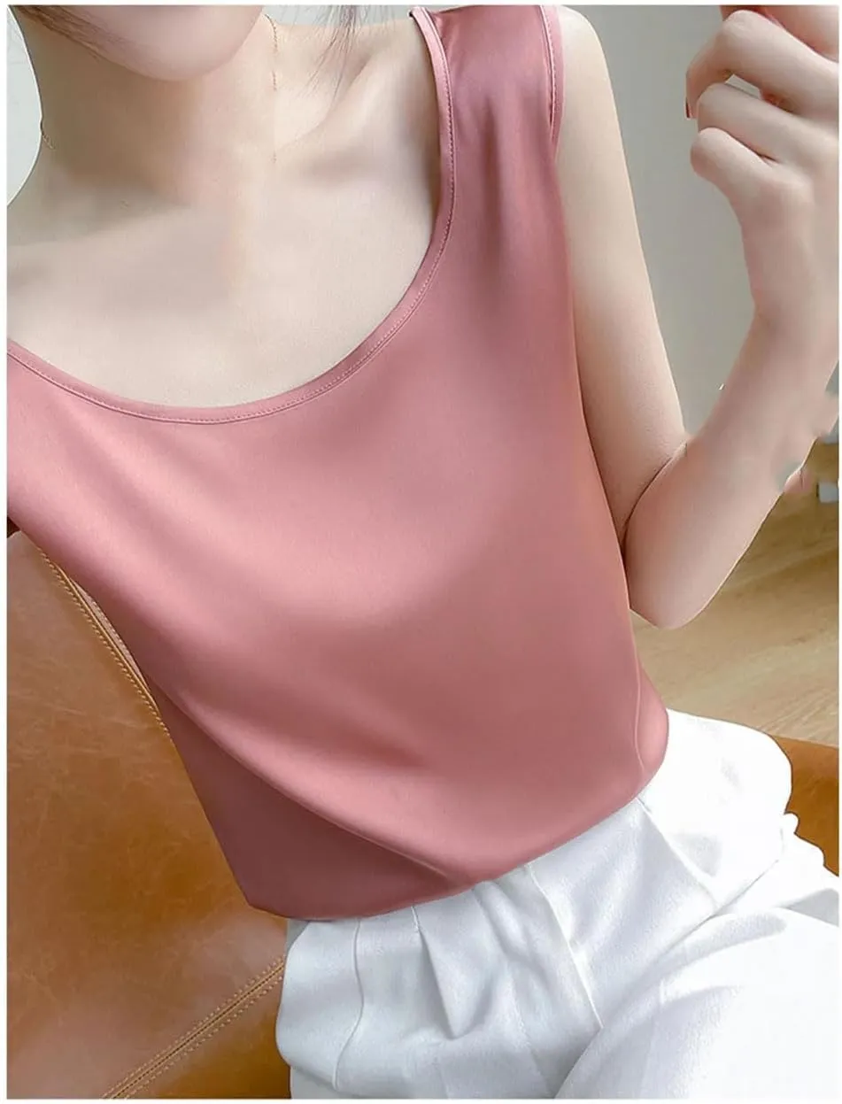 Camisole Tops for Women Sleeveless Vest Office O Neck Satin Tank Tops