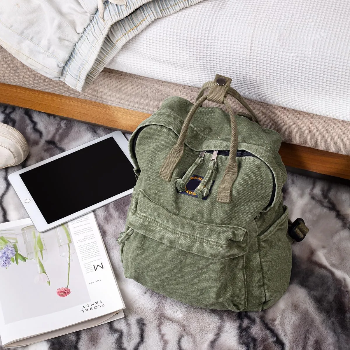 Canvas Backpack for Women Casual Travel Daypack Aesthetic Backpacks Lightweight Handbag Purse (Army)